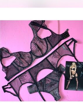 Sheer Black Dot Lace Bra & Garter Set - Women Intimates